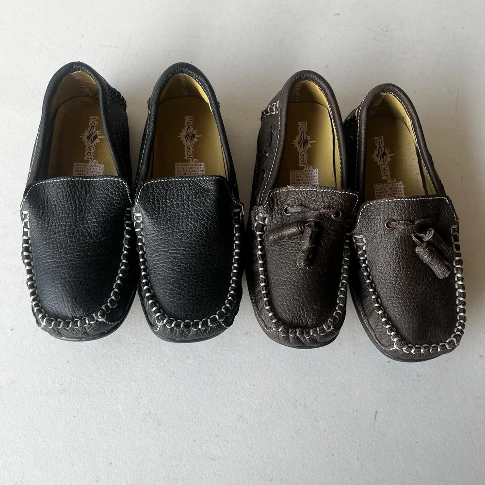 Nazz Car‎ Kids Loafers 18.5 Black Brown Leather Mexican Slip-On Shoes 2 Pairs